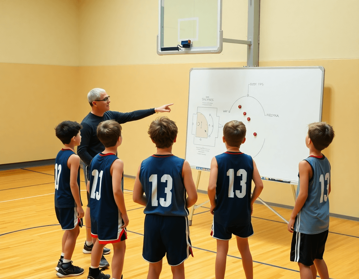 Plan simple affiché sur tableau tactique pour exercice entrainement basket u9 pendant que les enfants pratiquent.
