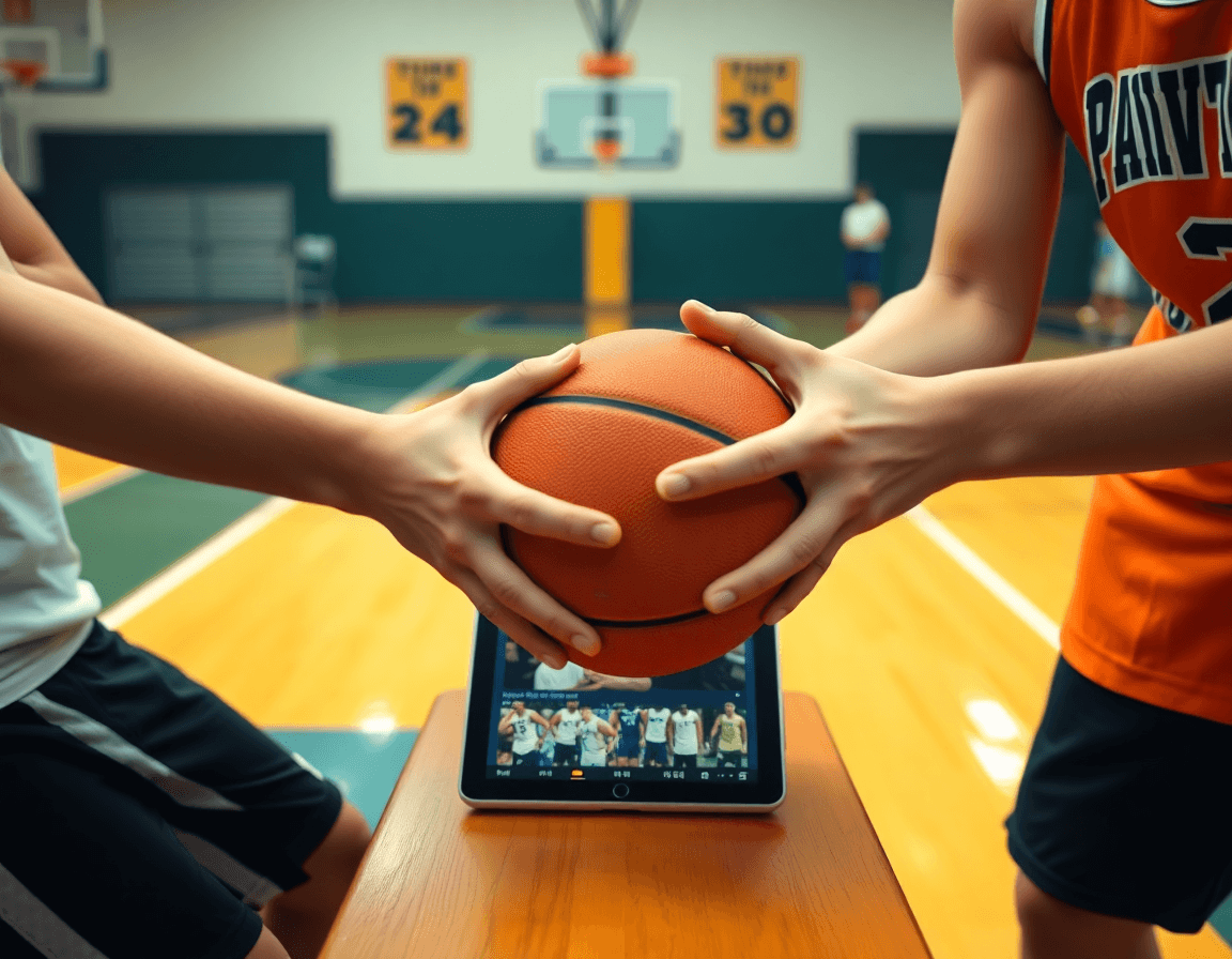 Gros plan sur les mains passant un ballon de basket que la playlist guide l'exercice entrainement basket u9.