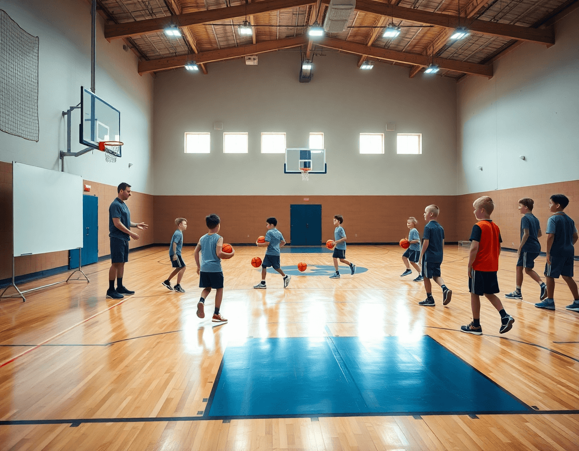 Plan large d'une séance exercice entrainement basket u9 dans une salle de basket avec coach et jeunes.