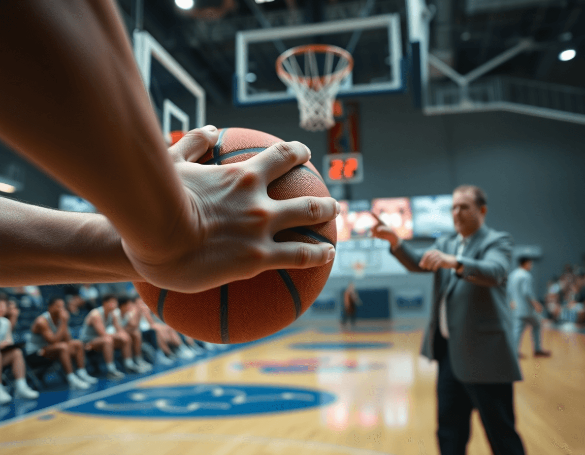 Exercice fin de contre attaque basket gros plan sur les mains et le ballon.
