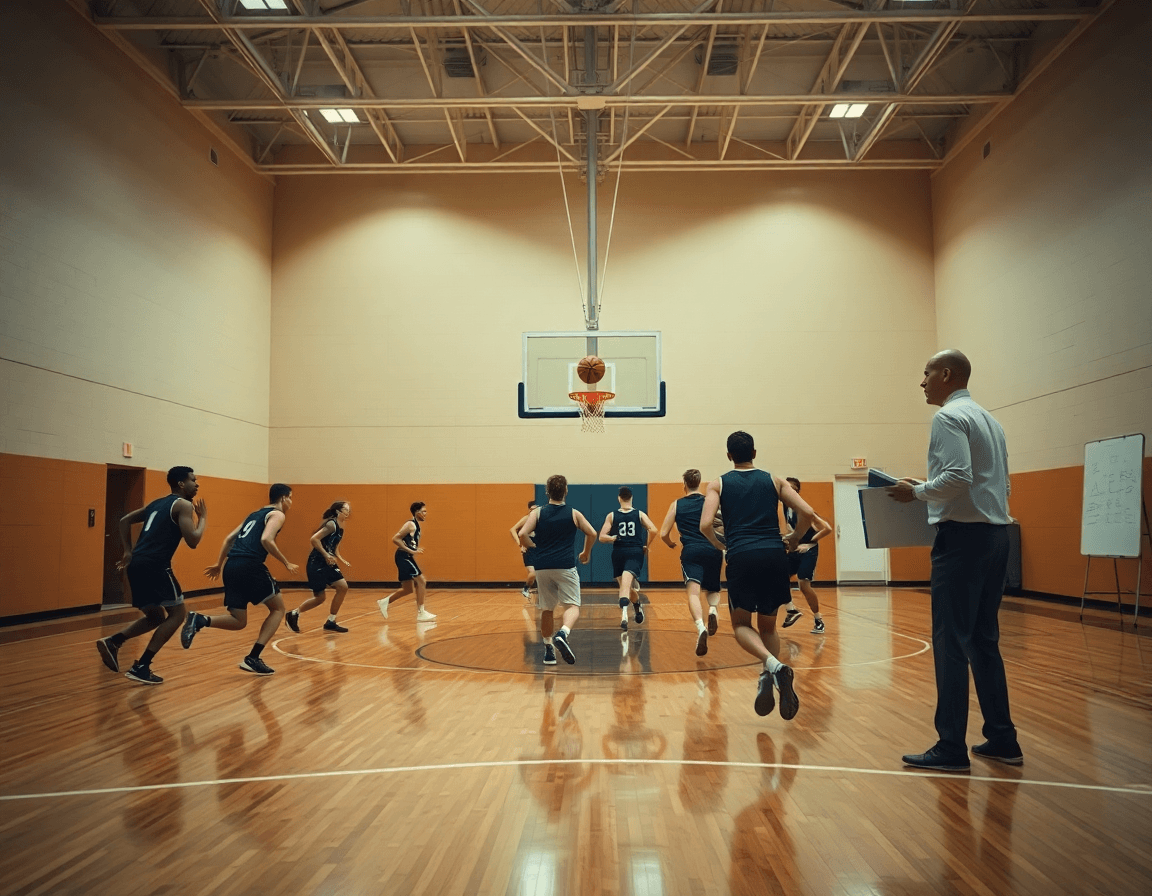 Exercice fin de contre attaque basket: scène large montrant le coach et l'équipe en pratique.