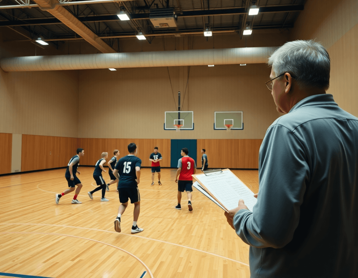 Vue d'ensemble d'un gymnase de basket, coach et équipe en plein exercice in basket pendant une séance hebdomadaire.