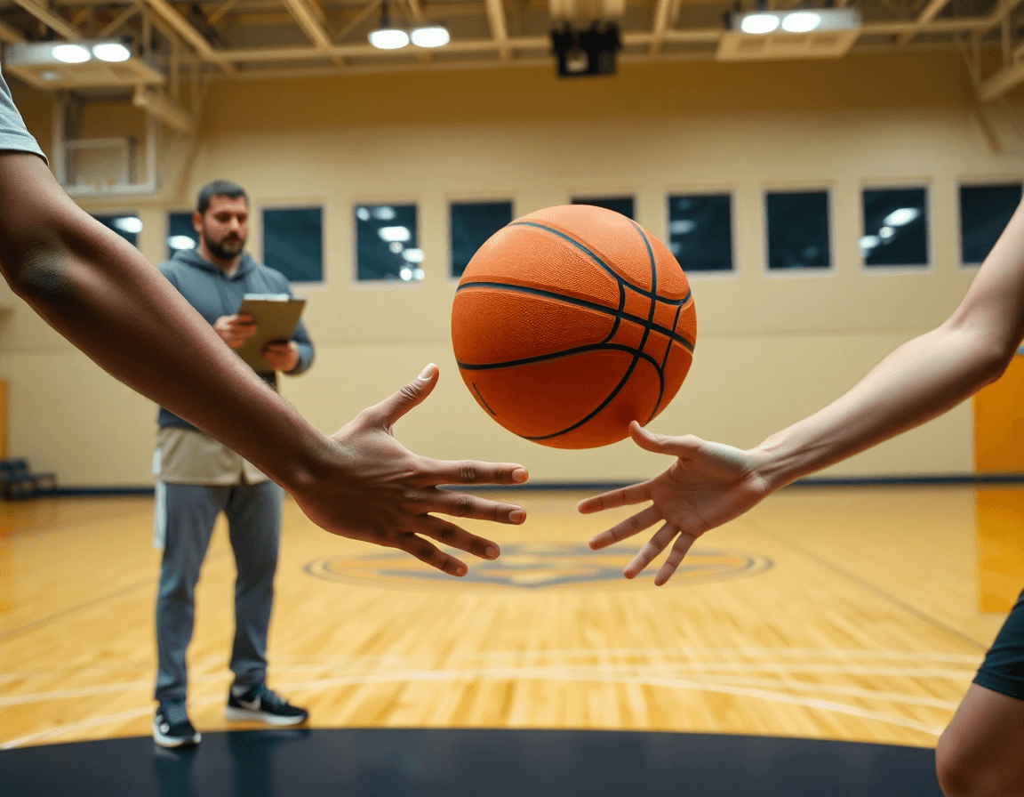 Premier plan sur l'exercice passe basket débutant: mains et balle, entraîneur au tableau tactique.
