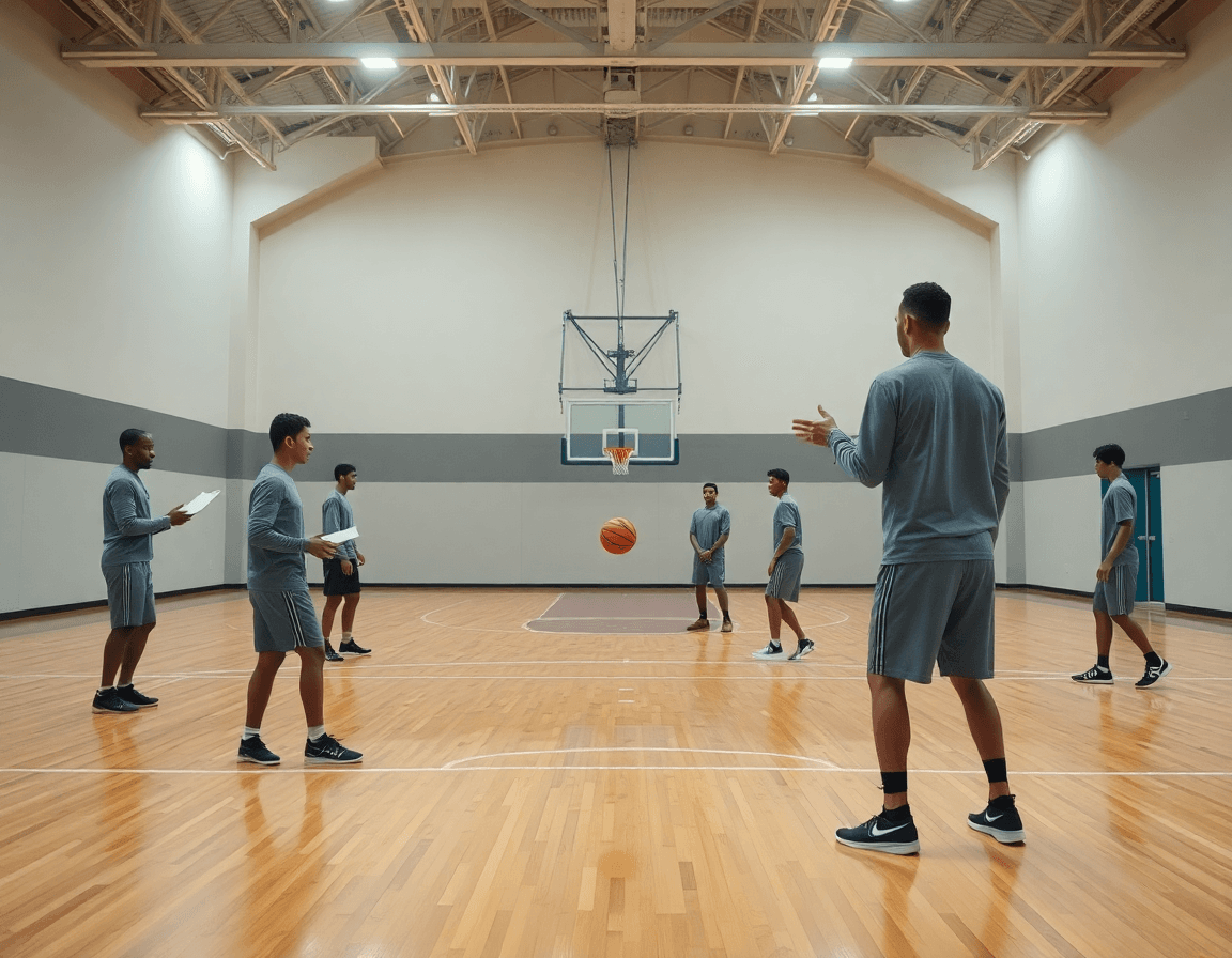 Exercice passe basket débutant en gymnase: coach observe des passes simples entre joueurs.