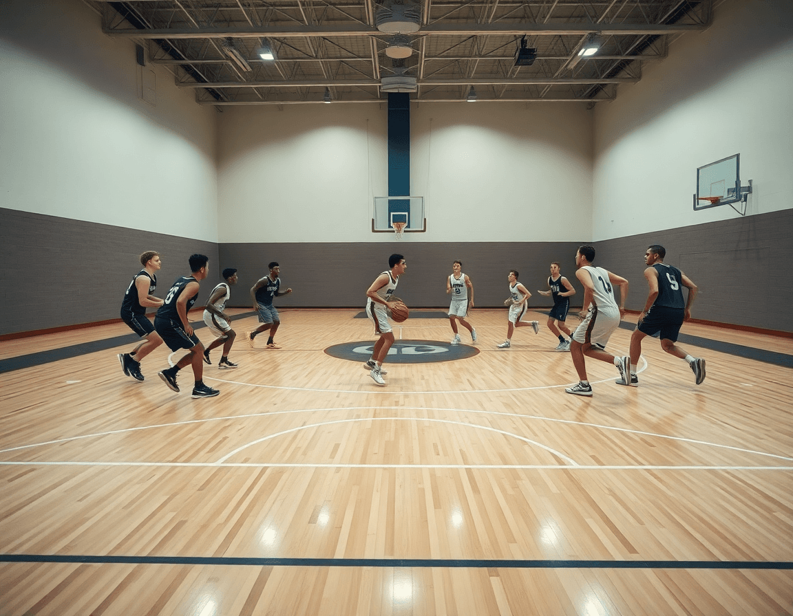 Vue générale d'une séquence de passe lors de l'exercice passe basket senior sur le terrain.