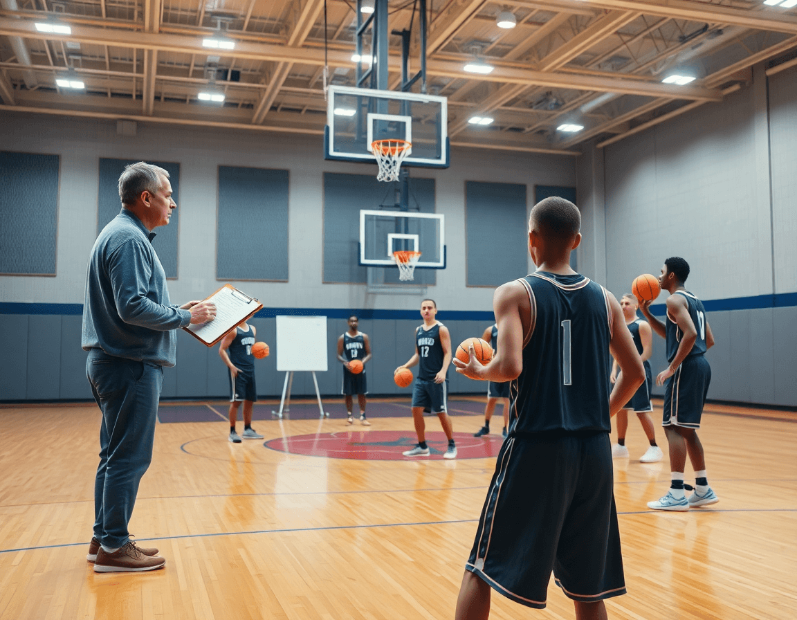 Vue large d'un gymnase de basketball où l'entraîneur dirige l'exercice passe basket senior avec l'équipe.