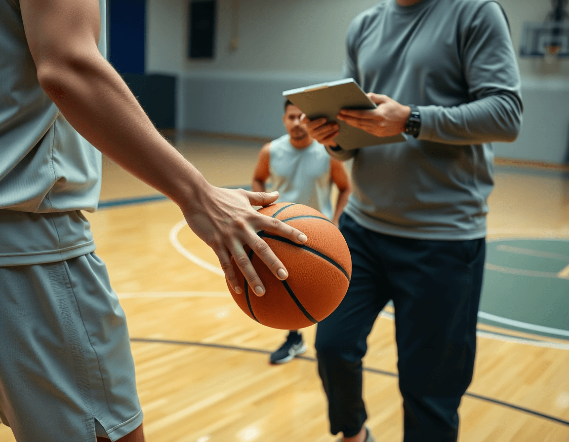 Plan rapproché montrant exercice basket passe et va sur le court, mains et passes visibles.