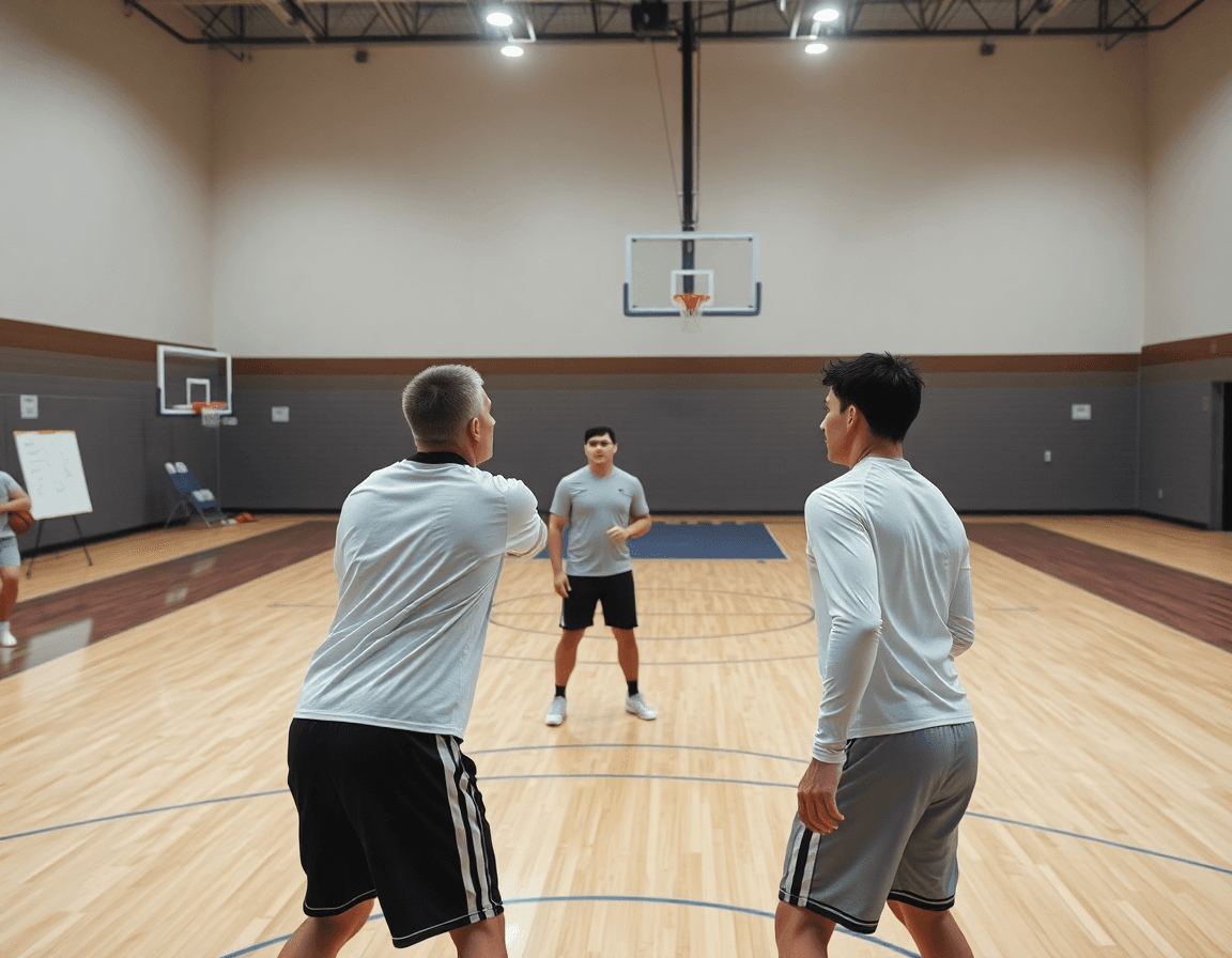 Plan moyen sur exercice basket passe et va près du haut du terrain, défense active.
