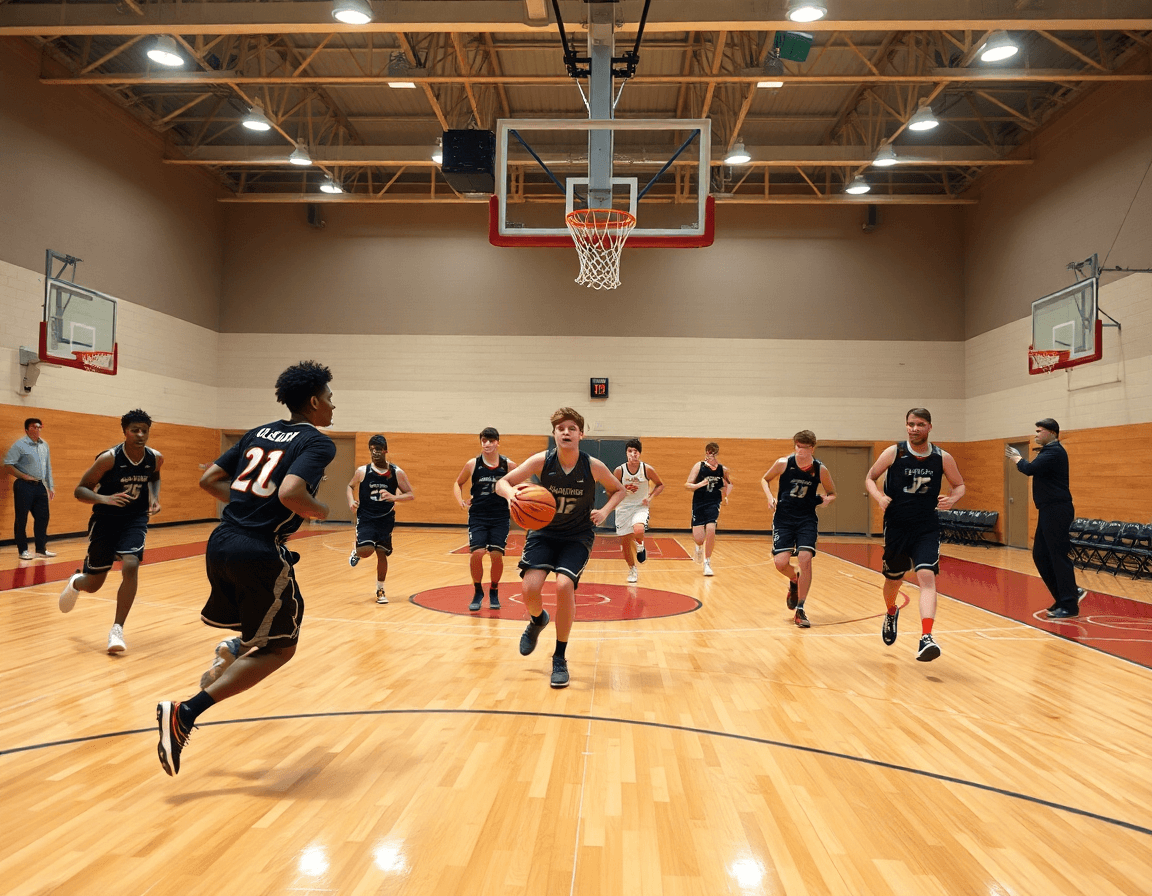 Plan large sur exercice basket passe et va: tout le terrain et mouvement visible.