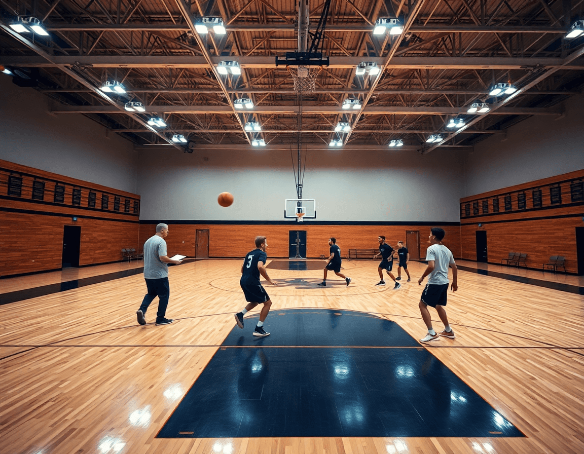 Héros: exercice basket passe et va sur le terrain, coach dirige une séance collective.