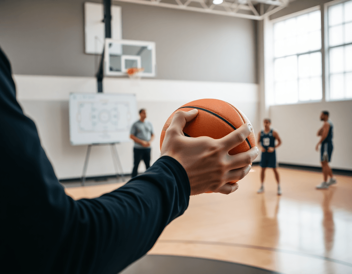 Exercice shoot basket senior, gros plan sur les mains et le tir.