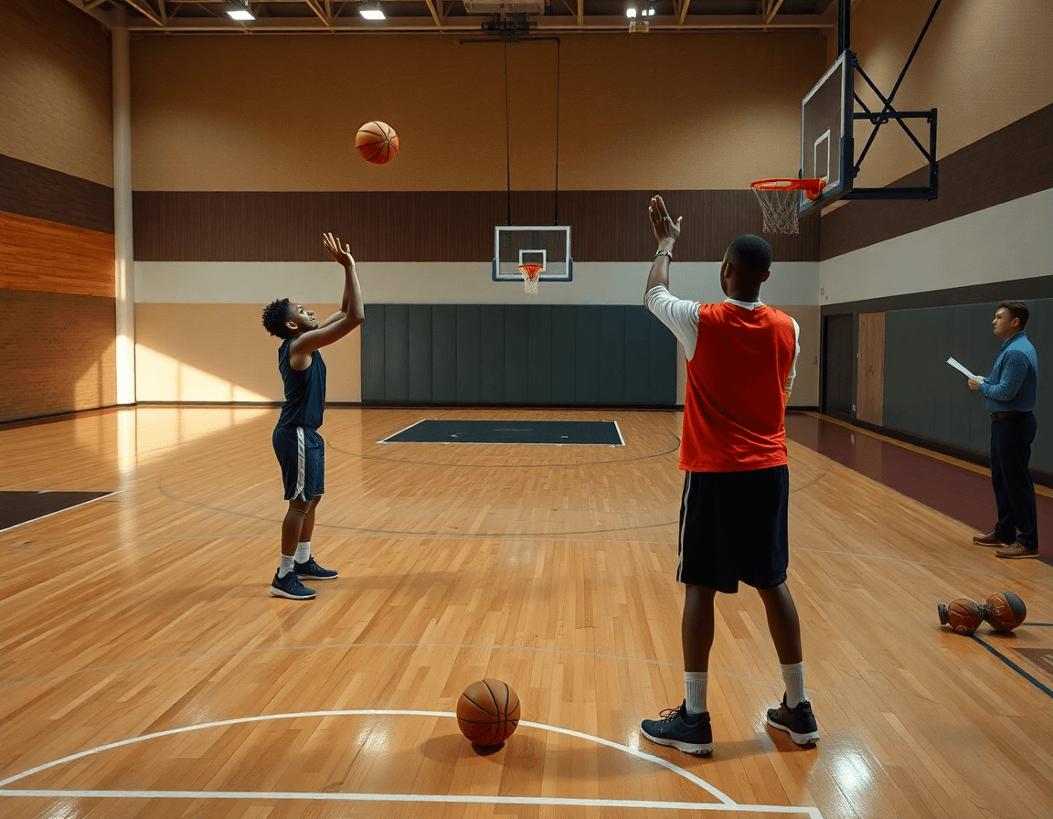 Exercice shoot basket senior sur terrain intérieur, deux joueurs exécutent des tirs rapides.