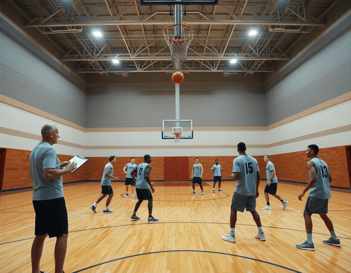 Exercice shoot basket senior en gym, vue générale du coach et des joueurs en action.