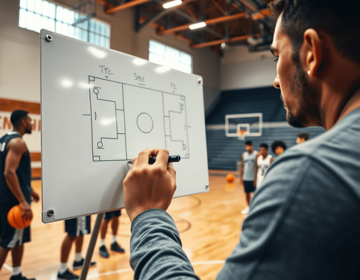 exercice shoot basket u15: gros plan sur les mains du coach dessinant une stratégie sur le tableau.