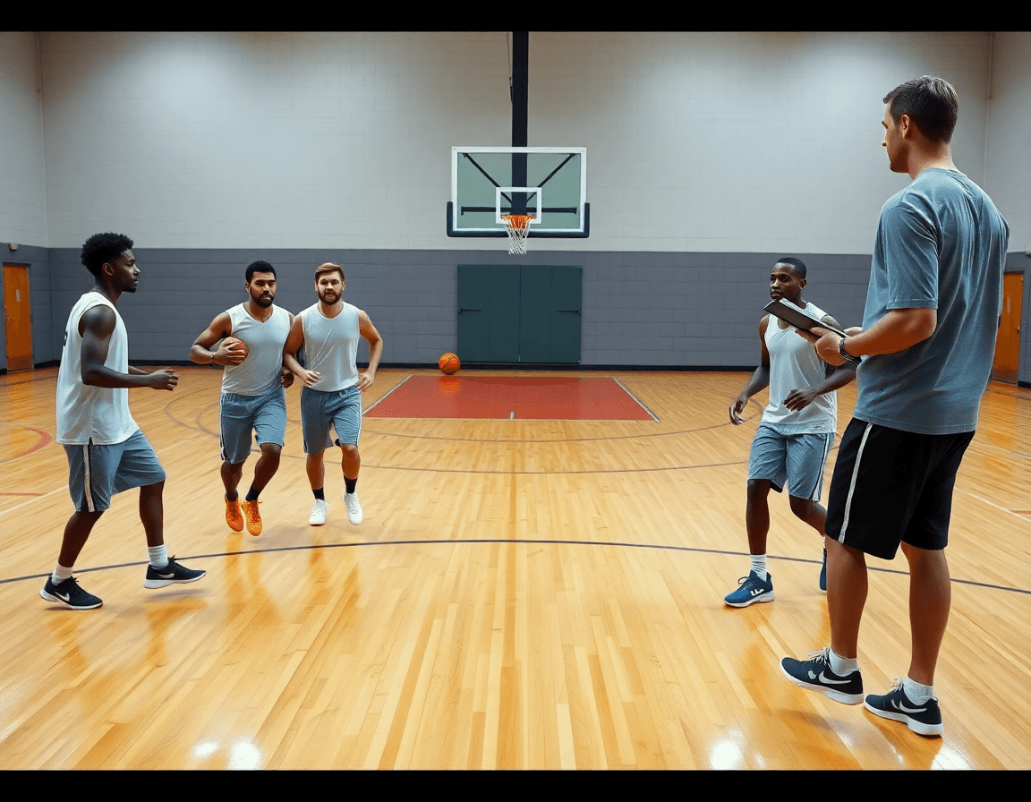 exercice shoot basket u15: cinq joueurs en exercice sur le parquet, coach avec un clipboard guide les passes.
