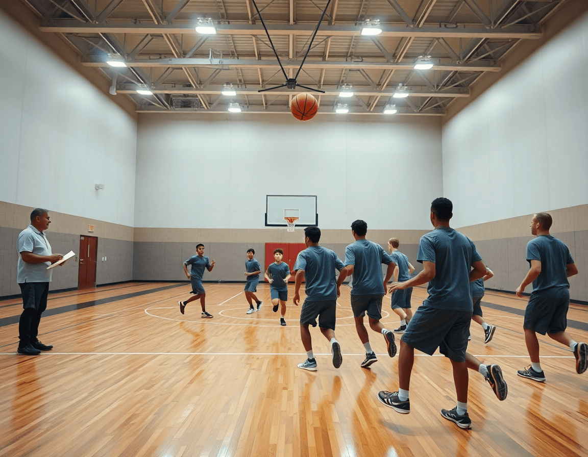 exercice shoot basket u15: vue large d'un gymnase, coach dirige l'équipe sur le parquet.