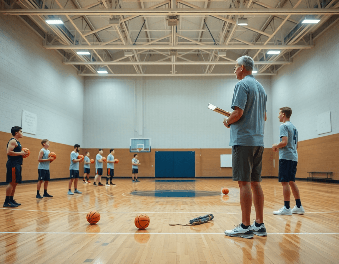 Exercice shoot basket u18 en salle: coach et équipe présents sur le parquet lors d'un entraînement.