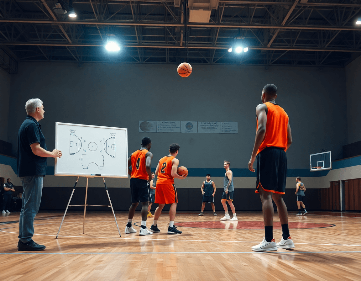 Planification hebdomadaire d'un exercice tactique basket visible sur le tableau et sur le parquet.