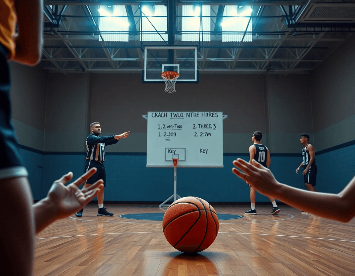 Gros plan sur l'entraîneur montrant le tableau tactique pour l'exercice tactique basket.