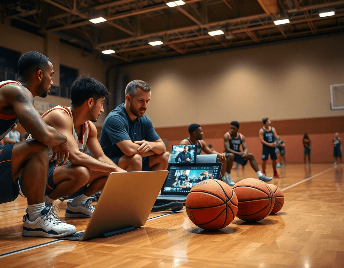 Examen des clips vidéo et stratégie en exercice tactique basket; l'entraîneur montre les plans.