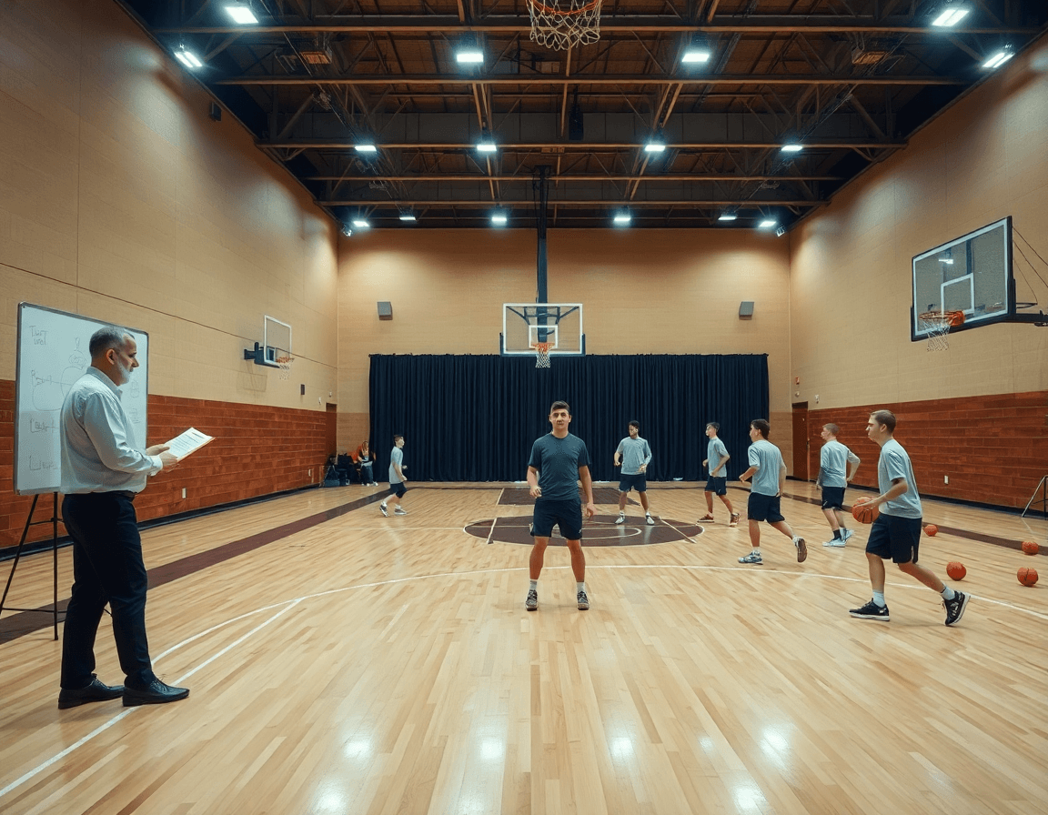 exercice tactique basket sur un parquet intérieur; l'entraîneur dirige les passes et les déplacements.