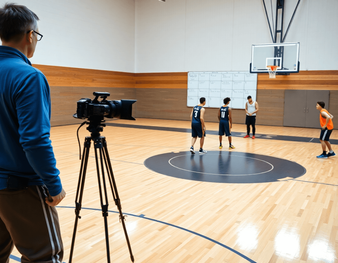 Plan hebdomadaire tir basket débutant: coach avec tableau, joueurs tirant près du panier.