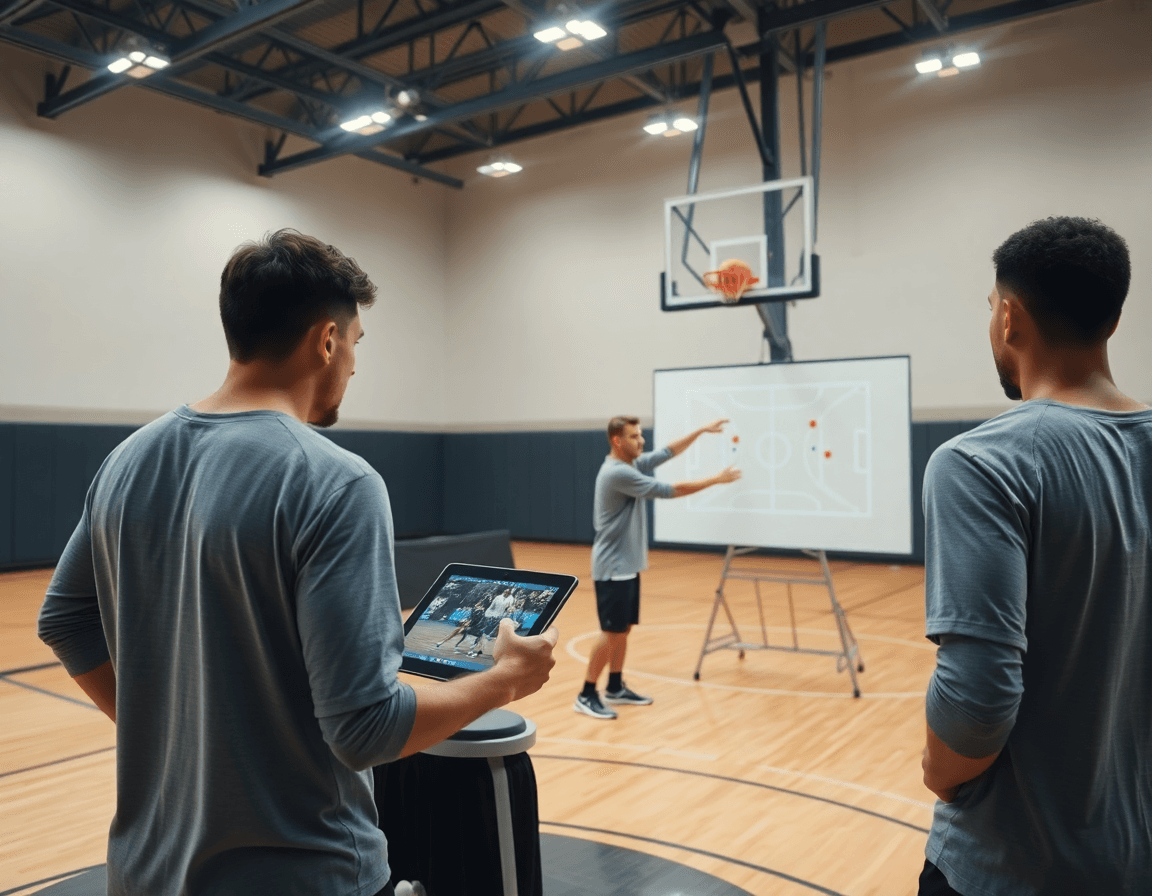 Séance visuelle et vidéo: les joueurs regardent des clips de tir basket débutant sur tablette.