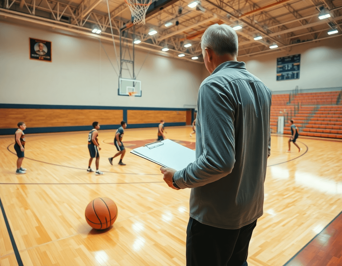 Exercice tir basket débutant Vue large d'un gym intérieur avec coach et joueurs autour du panier.
