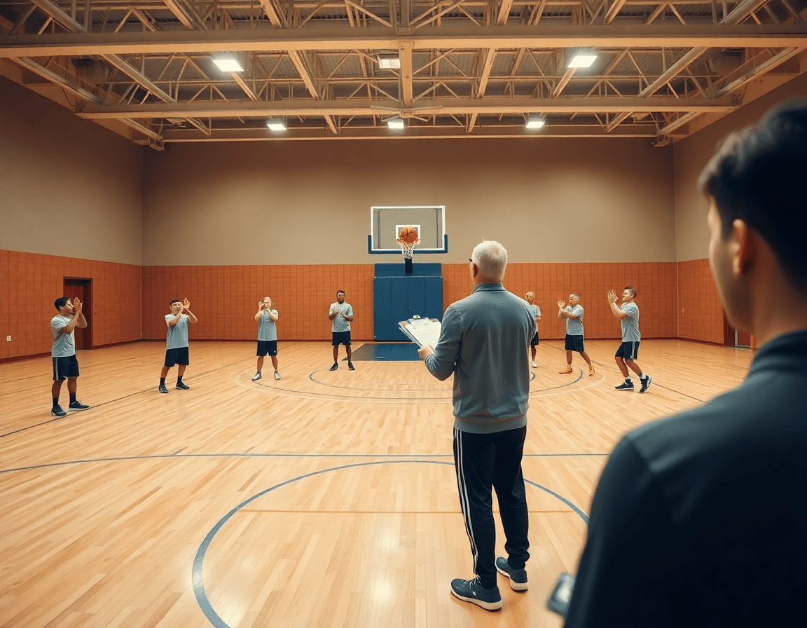 Exercice tir basket pdf en action: le coach et l'équipe s'entraînent sur le terrain de basket.