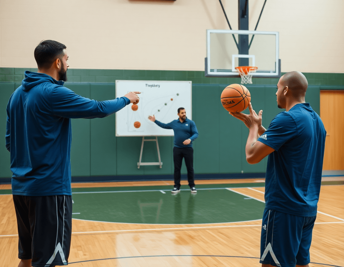 Deux joueurs en tenue d'entraînement réalisent un exercice basket tir près de la ligne à trois points.