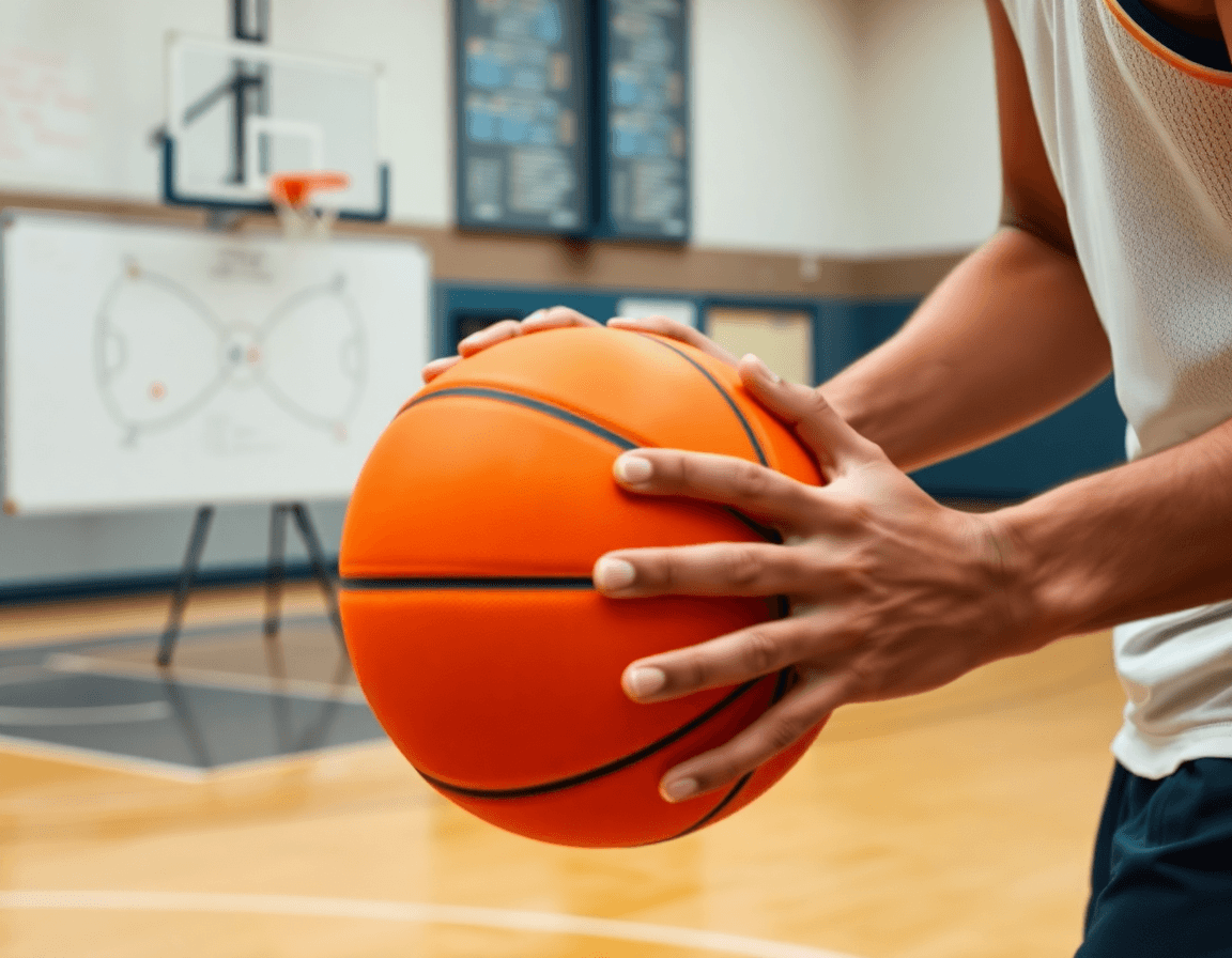 Gros plan sur les mains tenant un ballon orange de basket pendant l'exercice basket tir.