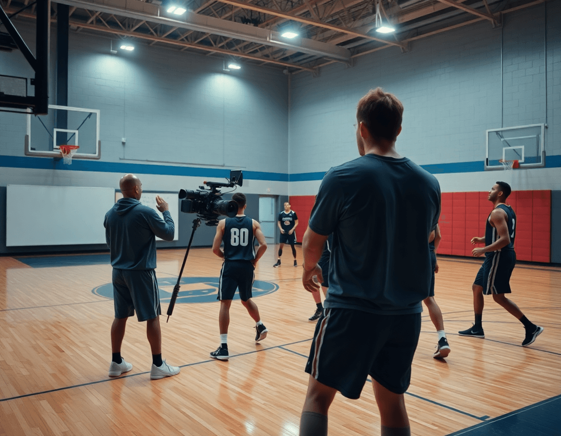 Gros plan devant la caméra sur l'exercice basket tir et l'analyse vidéo par le coach.