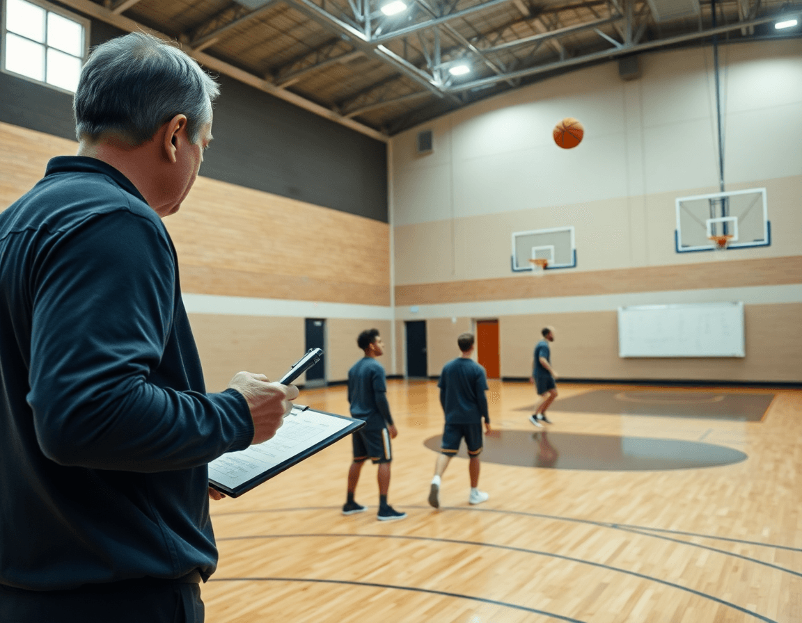 Vue large d'un gymnase de basket-ball montrant un coach et exercice basket tir en plein entraînement.