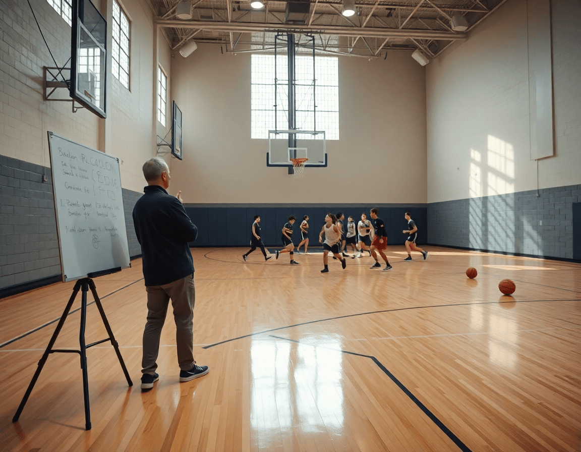 Plan d'exercice tir basket seniors en action dans un gymnase moderne, plein d'énergie.