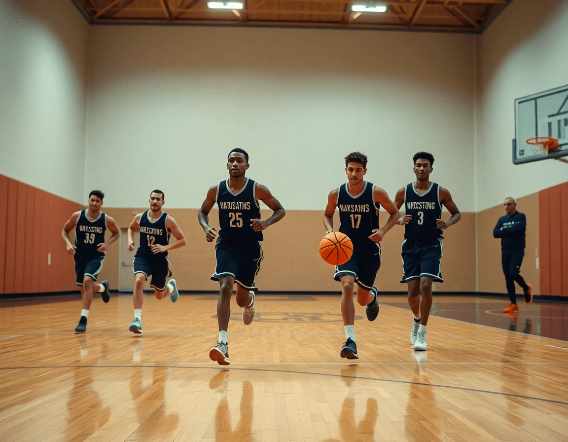 Séance d'exercice tir basket seniors en mouvement, dribbles et passes dans le gymnase.
