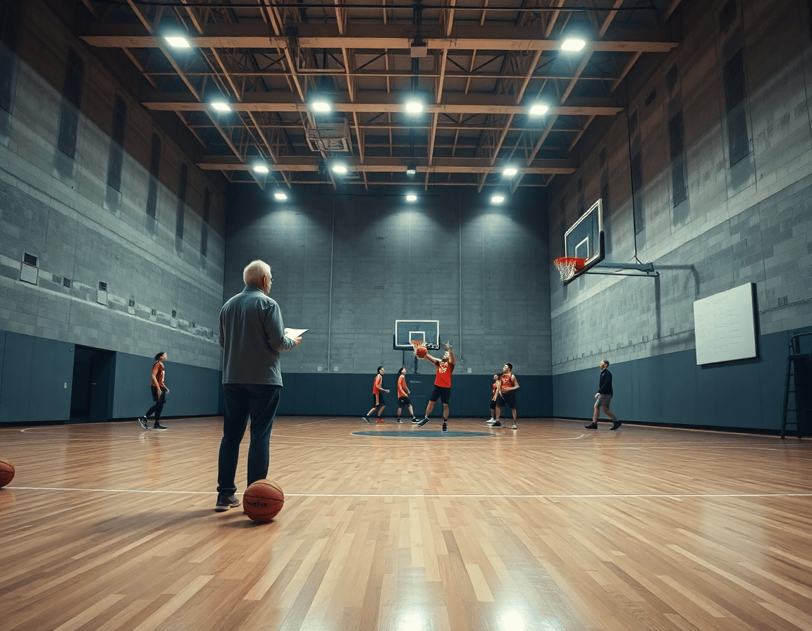 Plan d'exercice tir basket seniors en action dans un gymnase moderne et lumineux.