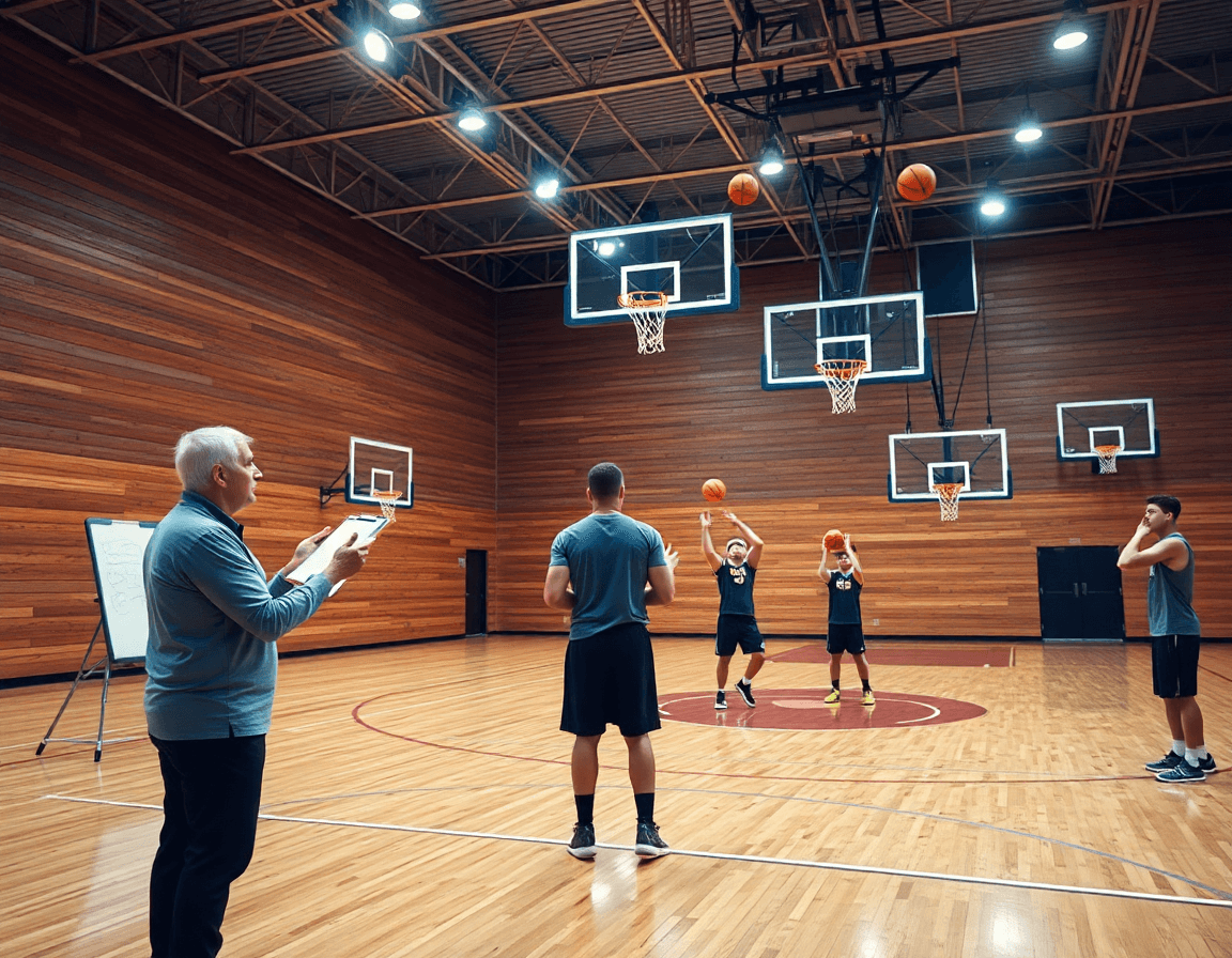 Vue large d'un gymnase de basketball montrant l'exercice tir basket seul, coach et joueurs.
