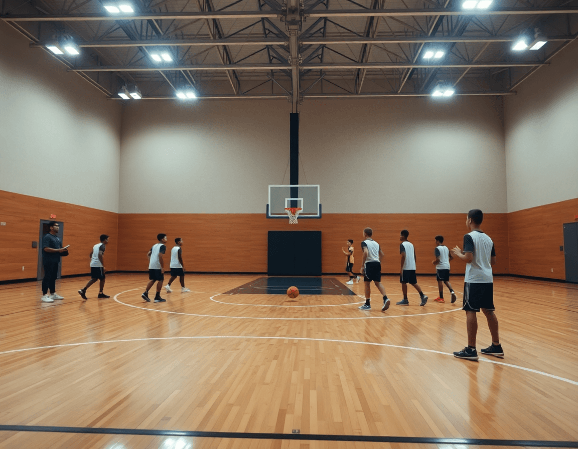 exercice tir basket u11 dans une salle de sport: coach et jeunes joueurs s'entraînant au tir.