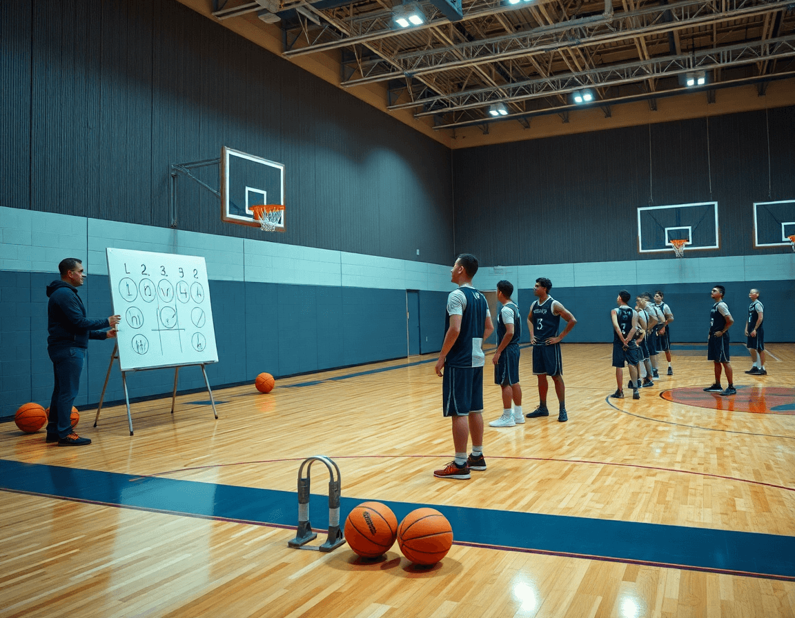 Exercice shoot basket u13 sur le terrain, coach dessinant des schémas sur le whiteboard devant les joueurs.