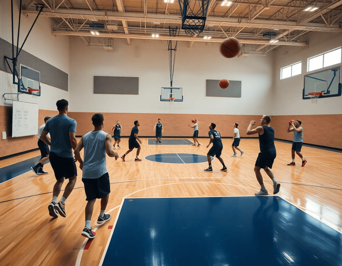 Exercice shoot basket u13 en mouvement: joueurs tirant près de l'arc sous les conseils du coach.