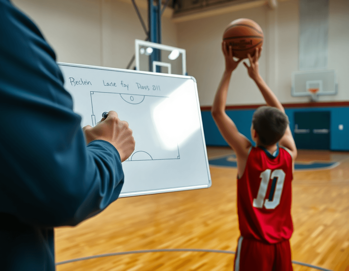 Premier plan: tir basket u13 et gestes du coach près du terrain basketball.