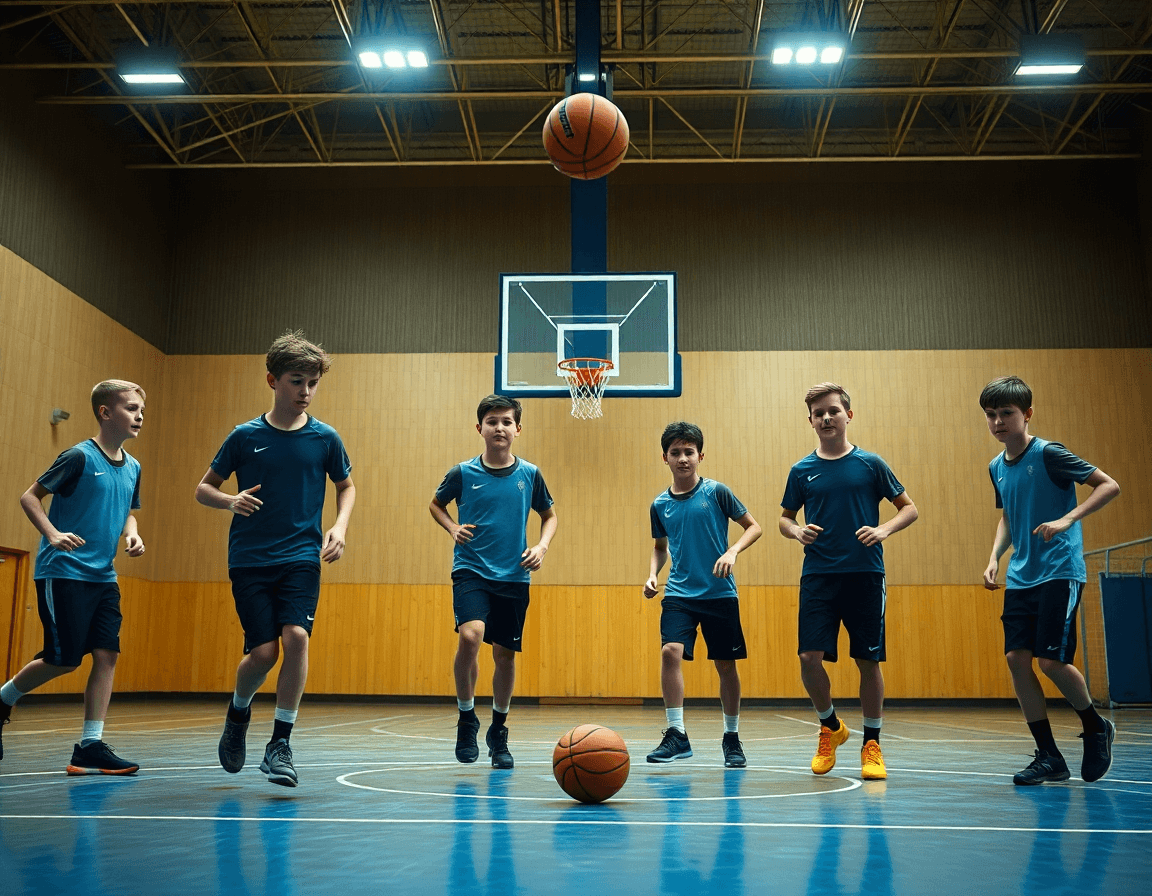 Exercice tir basket u13 en mouvement sur le terrain, cinq joueurs en tenue d'entraînement.