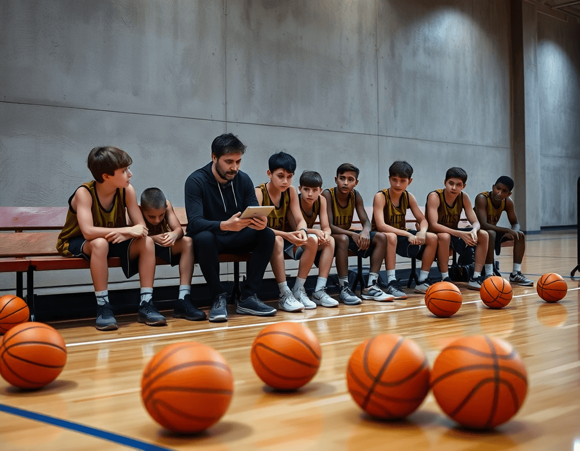Coach montre un clip exercice tir basket u13 sur tablette aux joueurs assis sur banc près du terrain.