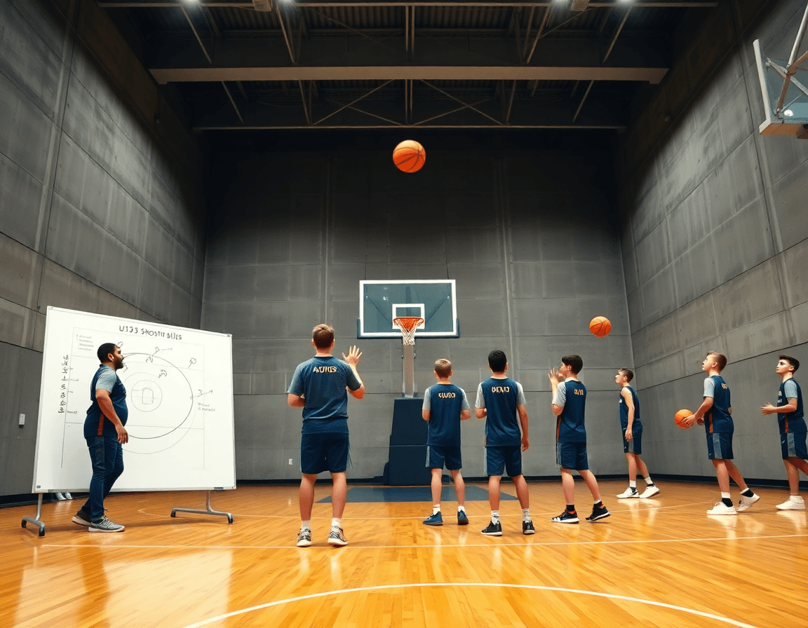 exercice tir basket u13 dans une salle intérieure, coach et joueurs en mouvement sur le terrain basketball.