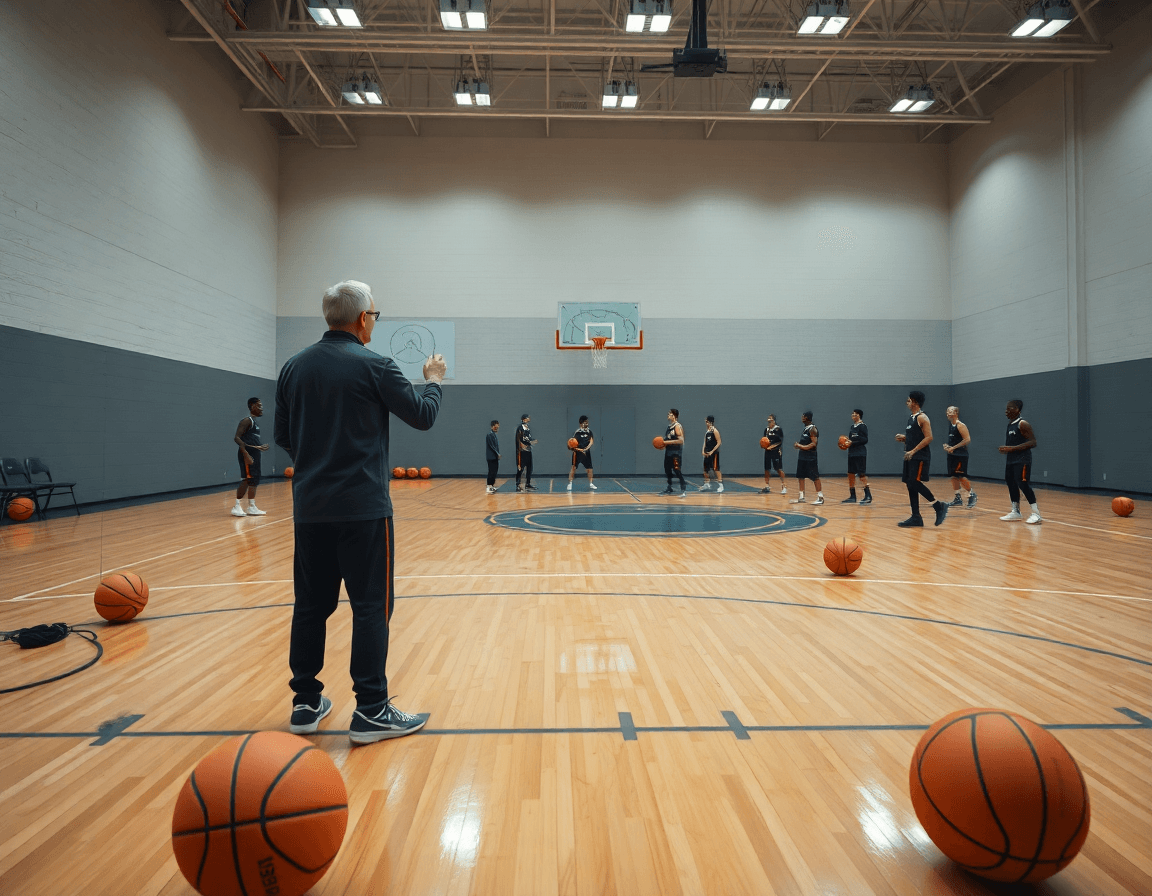 Vue large d'un gymnase de basket-ball: exercice shoot basket u13, coach et joueurs en séance.