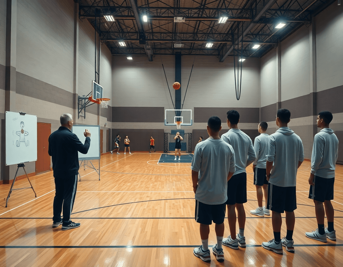 exercice tir basket u15: coach dessine une stratégie sur whiteboard pendant que les joueurs tirent.
