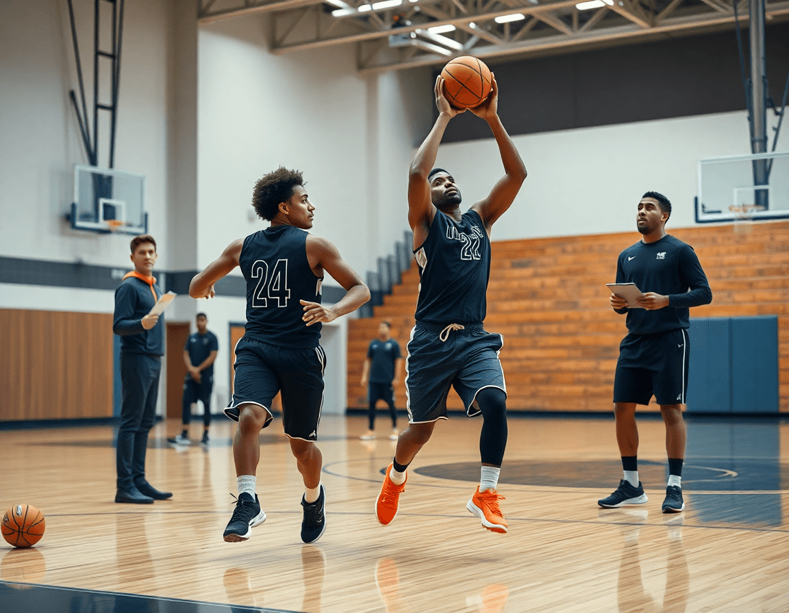 exercice tir basket u15: deux joueurs exécutent un drive puis tir en transition sous l'œil du coach.