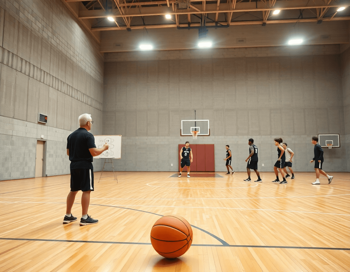 exercice tir basket u15: vue d'ensemble d'un entraînement de basketball, coach et joueurs autour du tir.