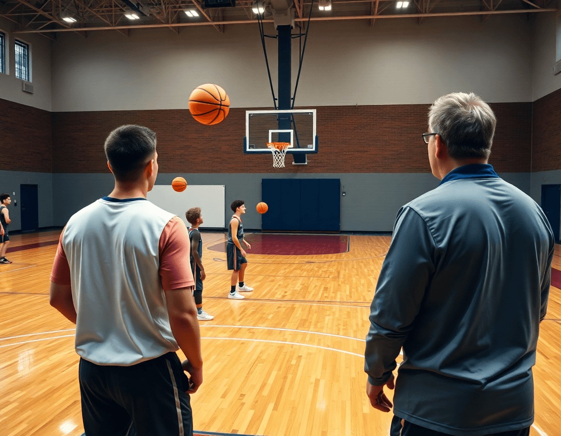 Exercice de tir basket U17 sous pression: coach supervise, joueurs pratiquent des tirs rapides.