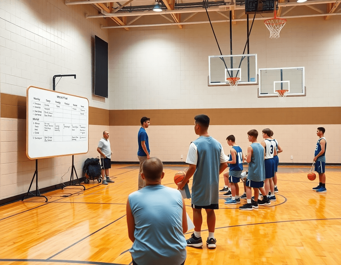 Exercice de tir basket U17: planification hebdomadaire autour d'un tableau blanc en salle.